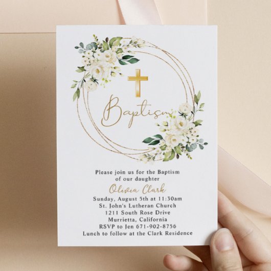 Invitation Baptême Floral Blanc Christening Gold Frame