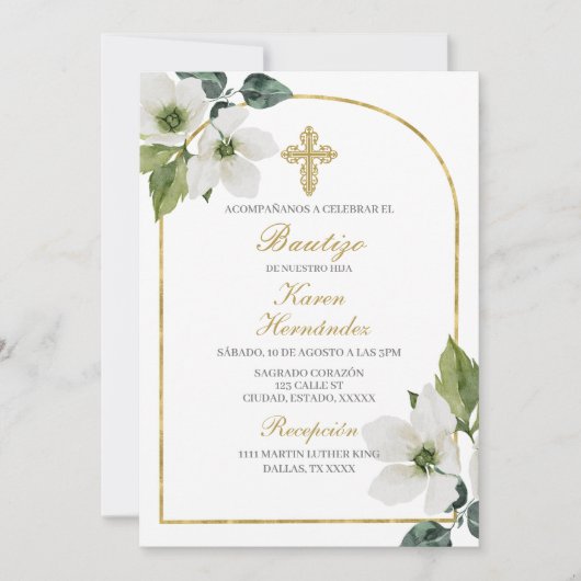 Invitation Baptême floral blanc espagnol (Devant)