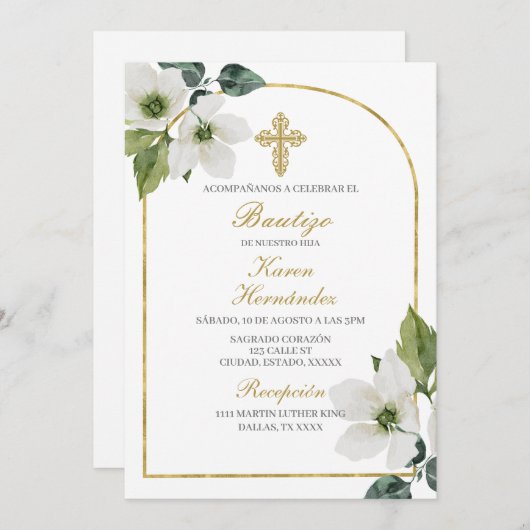 Invitation Baptême floral blanc espagnol (Devant / Derrière)