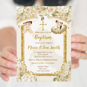 Invitation Baptême floral blanc Fiesta Twin Boy and Girl