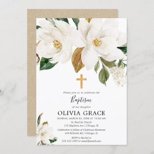 Invitation Baptême floral blanc rustique de verdure de