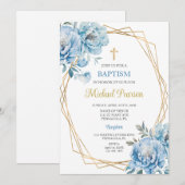 Invitation Baptême floral bleu (Devant / Derrière)
