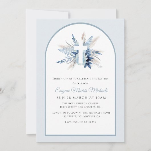 Invitation baptême floral bleu arc moderne (Devant)