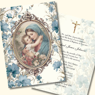 Invitation Baptême Floral Bleu Catholique Baptême Bébé