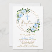 Invitation Baptême Floral Bleu Christening Gold Frame (Devant)