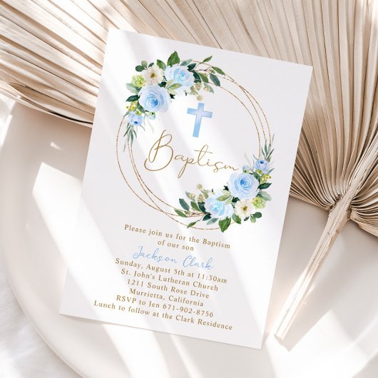 Invitation Baptême Floral Bleu Christening Gold Frame