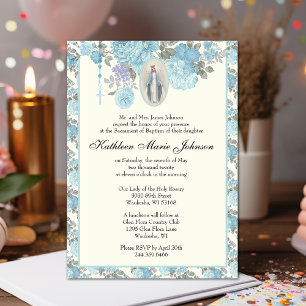 Invitation Baptême floral bleu Christening Vierge Marie