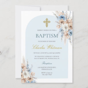 Invitation Baptême floral bleu clair