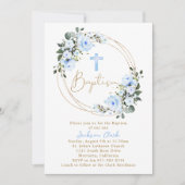 Invitation Baptême Floral Bleu Clair Christening Gold Frame (Devant)