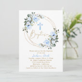 Invitation Baptême Floral Bleu Clair Christening Gold Frame (Debout devant)