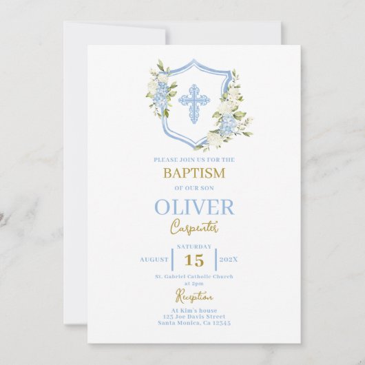 Invitation Baptême Floral Bleu Crest (Devant)