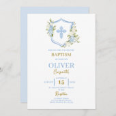 Invitation Baptême Floral Bleu Crest (Devant / Derrière)