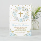 Invitation Baptême floral bleu doux doré Baptême (Debout devant)