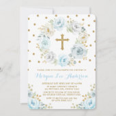 Invitation Baptême floral bleu doux doré Baptême (Devant)