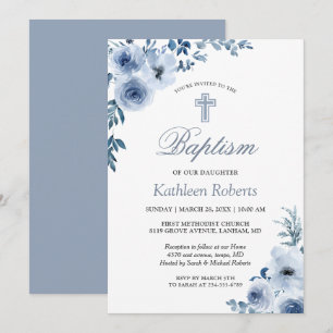 Invitation Baptême floral bleu Dusty Baptême