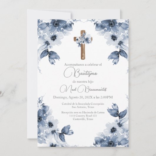 Invitation Baptême floral bleu en espagnol (Devant)
