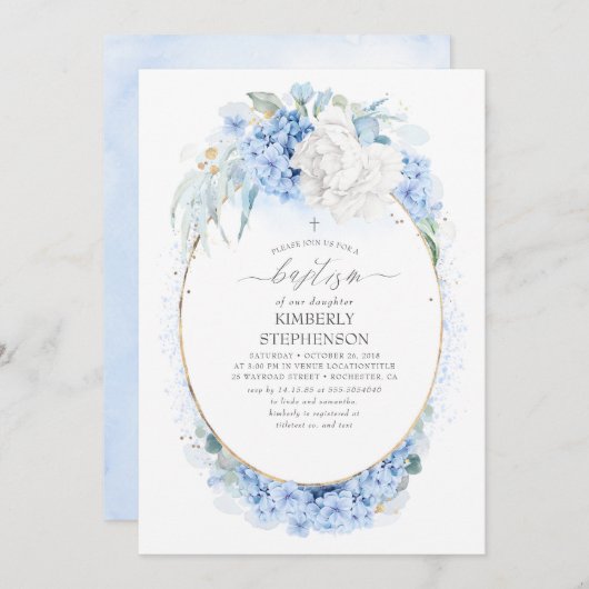 Invitation Baptême floral bleu et blanc Dusty (Devant / Derrière)