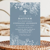 Invitation Baptême floral bleu et blanc Dusty
