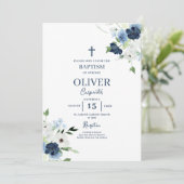 Invitation Baptême floral bleu garçon (Debout devant)