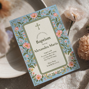 Invitation Baptême floral bleu poudré