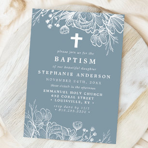 Invitation Baptême Floral Bleu Poussiéreux et Blanc