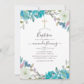 Invitation Baptême floral bleu poussiéreux et turquoise (Devant)