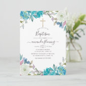 Invitation Baptême floral bleu poussiéreux et turquoise (Debout devant)