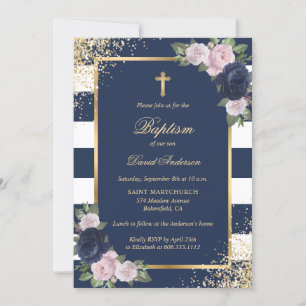 Invitation Baptême floral bleu rose et croix d'or élégant