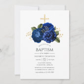 Invitation Baptême floral bleu royal et or (Devant)