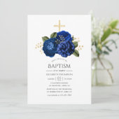 Invitation Baptême floral bleu royal et or (Debout devant)