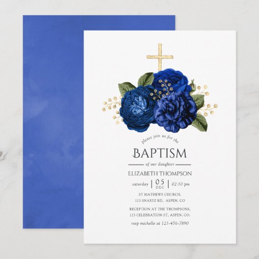 Invitation Baptême floral bleu royal et or (Devant / Derrière)