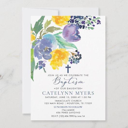 Invitation Baptême floral brillant jaune et violet de la mari (Devant)
