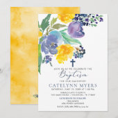 Invitation Baptême floral brillant jaune et violet de la mari (Devant / Derrière)