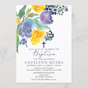 Invitation Baptême floral brillant jaune et violet de la mari