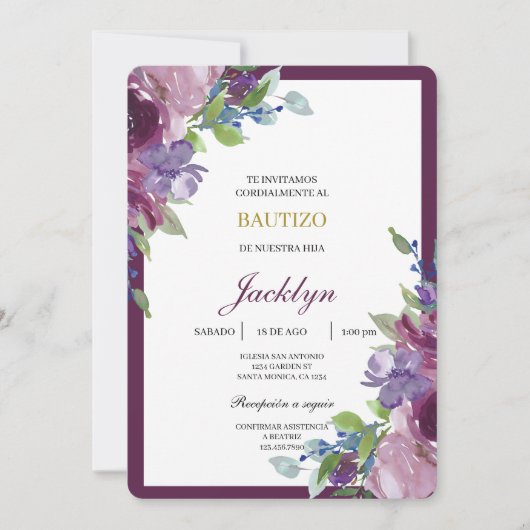 Invitation Baptême floral burgundy (Devant)