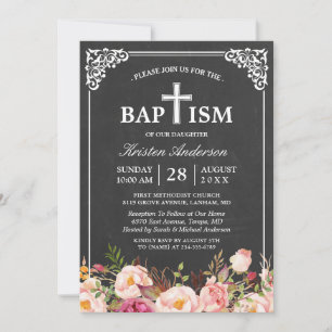 Invitation Baptême floral Cadre Vintage élégant