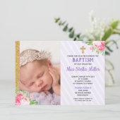 Invitation Baptême floral chic et violet, image de fille (Debout devant)