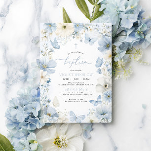 Invitation Baptême floral Christening Blue Butterfly Boy