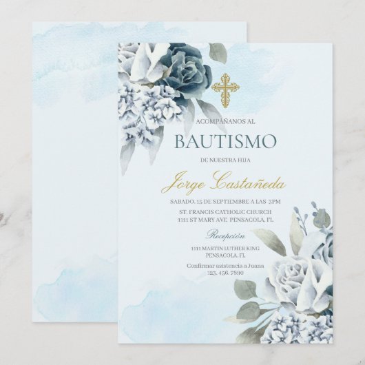 Invitation Baptême floral clair (Devant / Derrière)