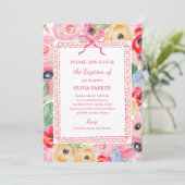 Invitation Baptême Floral Coloré | Cadre et Nœud Fantaisiste (Debout devant)