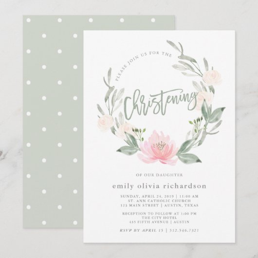 Invitation Baptême floral d'aquarelle de la guirlande | de (Devant / Derrière)