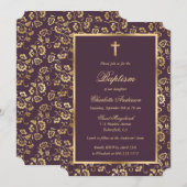 Invitation Baptême floral d'aubergine et de croix d'or (Devant / Derrière)