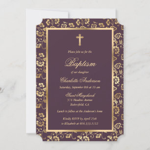 Invitation Baptême floral d'aubergine et de croix d'or