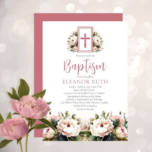 Invitation Baptême floral de fille, fleurs botaniques roses