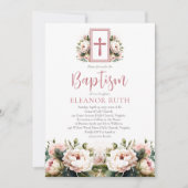Invitation Baptême floral de fille, fleurs botaniques roses (Devant)