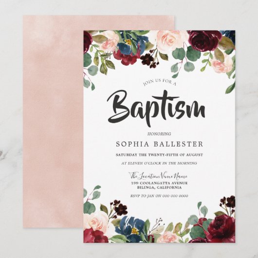 Invitation Baptême floral de l'aquarelle rousse et bordeaux (Devant / Derrière)