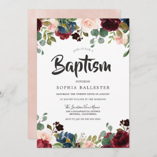 Invitation Baptême floral de l'aquarelle rousse et bordeaux