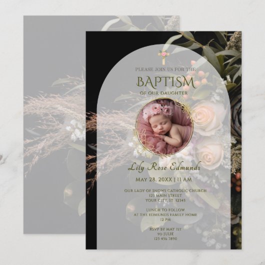 Invitation Baptême Floral de l'Automne Vert (Devant / Derrière)