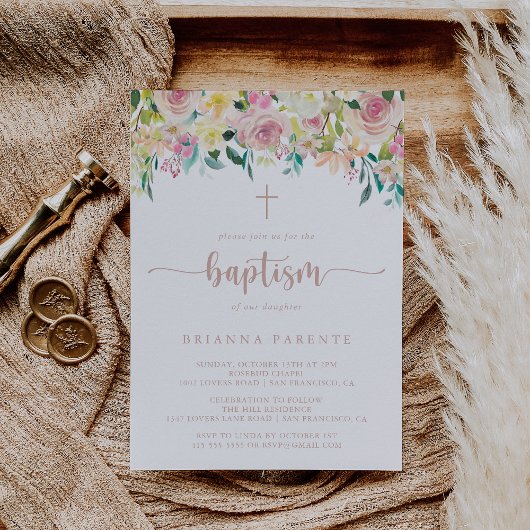 Invitation Baptême floral de printemps or rose