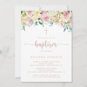 Invitation Baptême floral de printemps or rose (Devant)